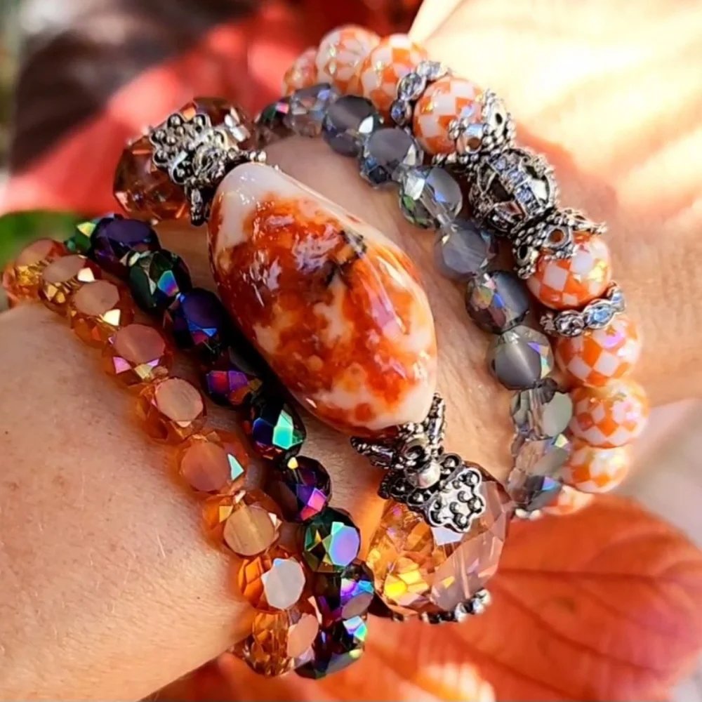 Silver Bracelets Stacking Set Natural Jasper Stone European Crystals